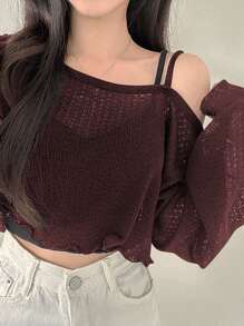 DAZY Women's Asymmetric Asymmetrical Shoulder T-Shirt, Minimalist Fashion Design Suitable For Summer Long Sleeve Women Tops,Fall Women Clothes Crop Women Tops