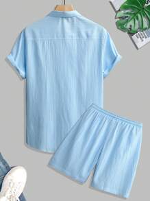 Manfinity RSRT Bộ áo sơ mi và quần short mùa hè thường ngày cho nam, đơn giản và thời trang cho kỳ nghỉ - Màu xanh nhạt - Xem 2