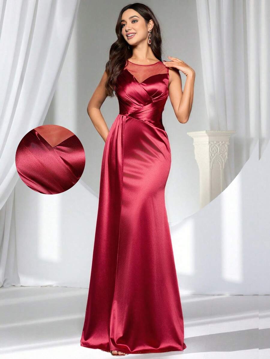 Coutiva 纯色褶饰长款正式晚礼服，奢华长裙，酒红色连衣裙，适合春夏季音乐节、派对礼服、婚礼宾客礼服、鸡尾酒会