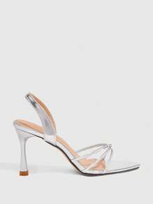 CUCCOO SZL Pointed Toe Slim High Heel Sandals, Rhinestone Embellished Closed Toe Versatile Dress Sandals - Silver - View 2