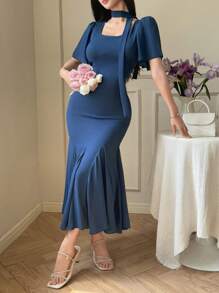 DAZY 女士中长款纯色休闲简约连衣裙，适合夏季穿着，荷叶边连衣裙 - 藍色 - 查看 3