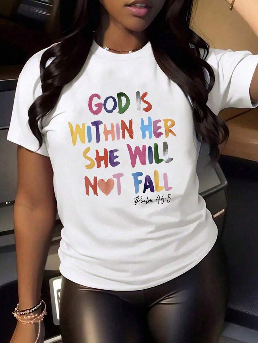 SHEIN CURVE+ 大码女式口号印花圆领短袖 T 恤，上帝在她心中，她不会堕落图案 T 恤，夏季上衣