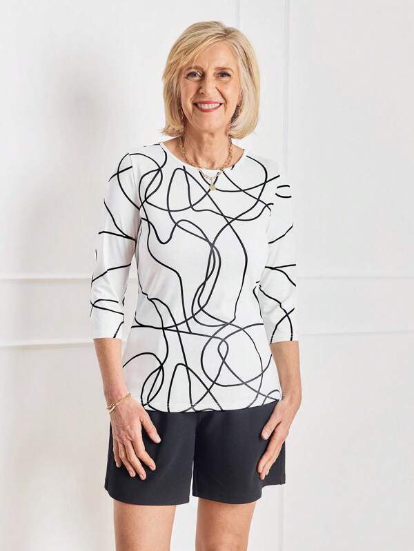Miaspire Women's Abstract Line Print Casual Mid-Length Sleeve T-Shirt, Spring & Summer