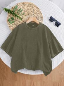 Camiseta de punto de manga corta con cuello redondo, de corte relajado y sobredimensionado en colores lavados, apta para la escuela, el jardín, la playa, las fiestas de cumpleaños, primavera, verano, otoño e invierno, para niños preadolescentes
