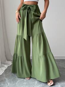 Elenzga Women's Casual Commute Solid Color Wide Leg Pants, Summer - Green - View 6