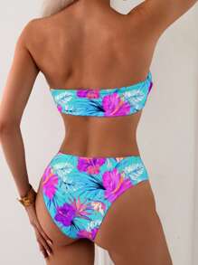 Swim Lushoire 2pcs/Set Bikini Bandeau Motif Bunga untuk Wanita, Pakaian Pantai untuk Liburan Musim Panas di Pantai - MultiWarna - View 2