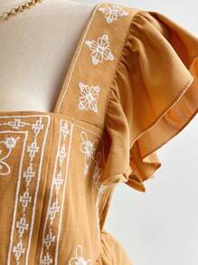 Flirla 大码编织休闲简约方领绣花衬衫 - 珊瑚橙 - 查看 1