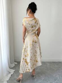 Rafferiza 女士优雅不对称肩金箔褶皱连衣裙，春夏 - 杏色 - 查看 2