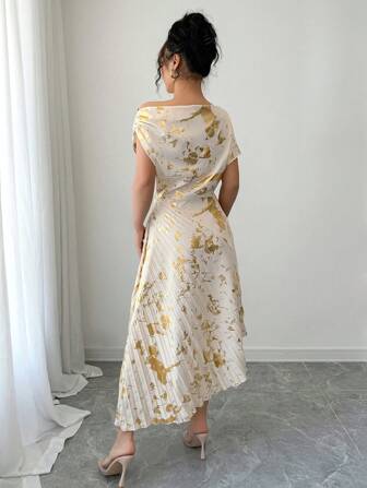 Rafferiza Women's Elegant Asymmetric Shoulder Gold Foil Pleated Dress, Spring/Summer