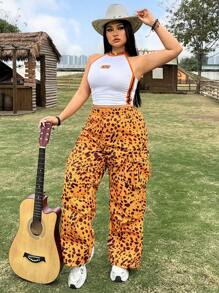 SHEIN EZwear بنطلون عملي كاجوال مناسب للمقاسات الكبيرة ذو رباط أمامي، طراز فينتاج أمريكي بنقشة نمر وبولكا دوت للربيع - أصفر - مشاهدة 4