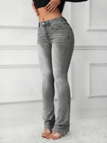 SHEIN Tall Women's Skinny Low-Waist Stretchy Flared Denim Jeans, Blue - Grey - View 5