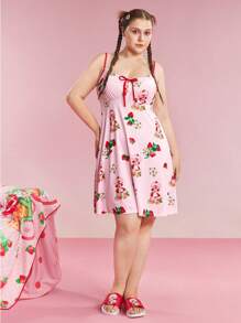 Strawberry Shortcake X SHEIN 加大码草莓印花吊带睡裙女加大码夏季连衣裙系带上衣 Y2k 女式可爱睡衣女式夏季睡衣女式 S 睡衣草莓裙草莓衣服女式睡衣裙