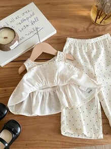 SHEIN LMoss Kids Babygirl Casual Cute Summer Polka Dot Sleeveless Top And Elastic Waist Pants Set