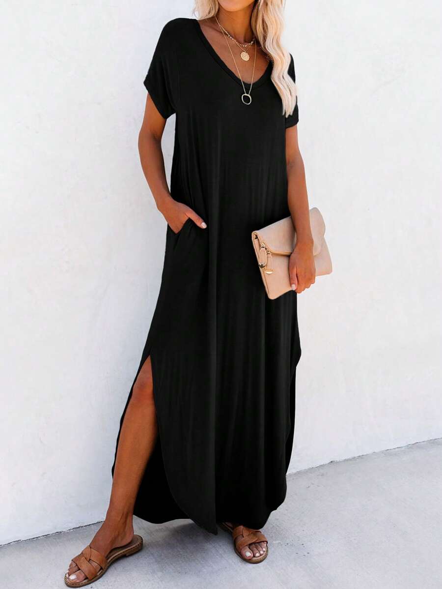 EMERY ROSE Vestido de mujer con abertura y bolsillo diagonal - Atuendo de vacaciones y playa