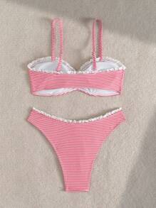 Swim Mod Women's Striped Lace Trim Bow Decor Bikini Swimwear Set, Summer Beach Vacation - Multicolor - View 2