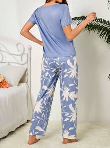 Women's 140g Digital Print Milk Silk Pajama Set - Blue - View 2