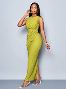 SOLERSUN Women Elegant Solid Twist Front Ruched Bodycon Dress - Green - View 3