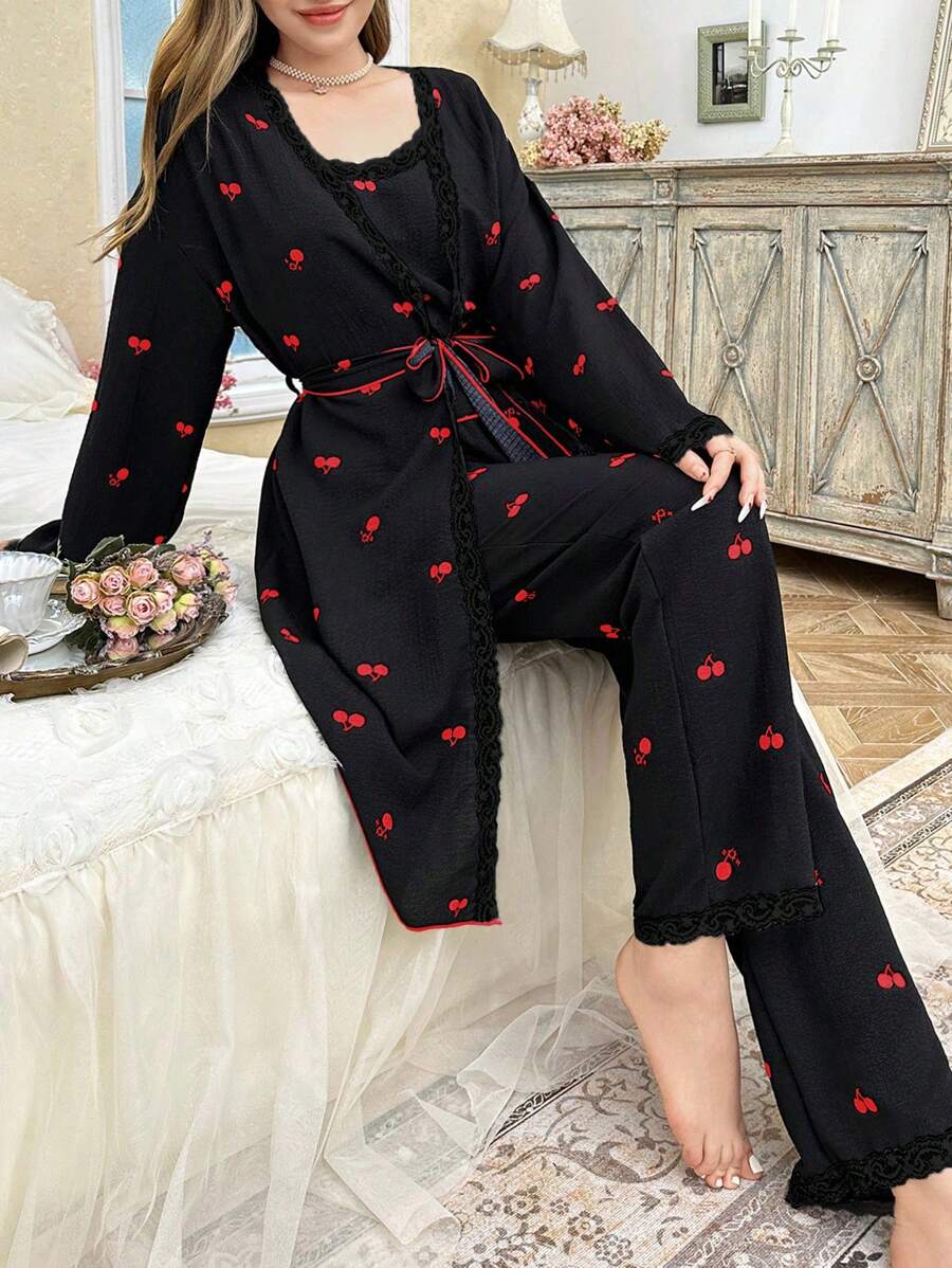 CottageSlumber 3pcs Women's Cherry Printed Robe Set With Contrast Lace Trim Holiday Season, Bountiful Floral Splendor, Fall Winter Clothes Cozy And Elegant Details - Black - View 1