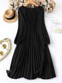 DreamSkyne Plus Size Women Pleated Lantern Sleeve A-Line Dress Fall Cloth For Women - Black - View 2