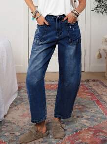 EMERY ROSE 女士休闲破洞宽松牛仔裤 - 深色水洗藍 - 查看 1