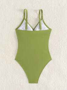 SHEIN Swim Traje de baño de una pieza con tirantes tipo espagueti, parches de malla y unicolor para playa/vacaciones - Verde - Ver 4