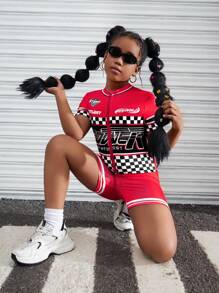 Tween Girls' Red Letter & Checkerboard Print Tight Fitting Jumpsuit Shorts - Red - View 8