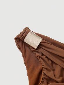 SHEIN MOD 中长款女士纯色不对称领褶皱连衣裙，西式女装，沙滩装，派对装，粉彩色连衣裙，休闲夏装，毕业礼服 - 棕色 - 查看 4