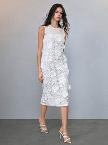 SHEIN LUNE 纯色碎花无袖圆领镂空性感优雅休闲度假约会女士中长连衣裙，适合春夏季，适合伴娘服、晚礼服、正式活动 - 白色 - 查看 3