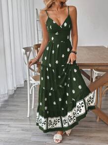 Breezaya 夏季度假目的地印花细肩带连衣裙长款度假海滩装女装 - 墨綠色 - 查看 3