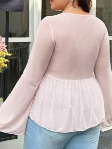 Plus Size Mesh Casual Top, Suitable For Summer Fall Cloth For Women - Baby Pink - View 2