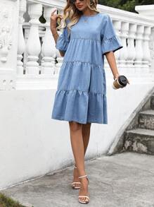 Breezaya 女士圆领喇叭袖宽松牛仔娃娃裙