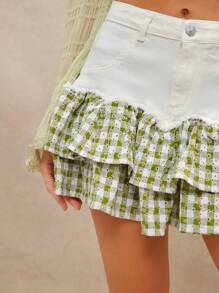 WESTFADE Western Mixed Media Spring Floral Eyelet Gingham Checkered Plaid & Denim Frayed Ruffle A Line Mini Cowgirl Skirt Spring Break Summer Vacation - Multicolor - View 2