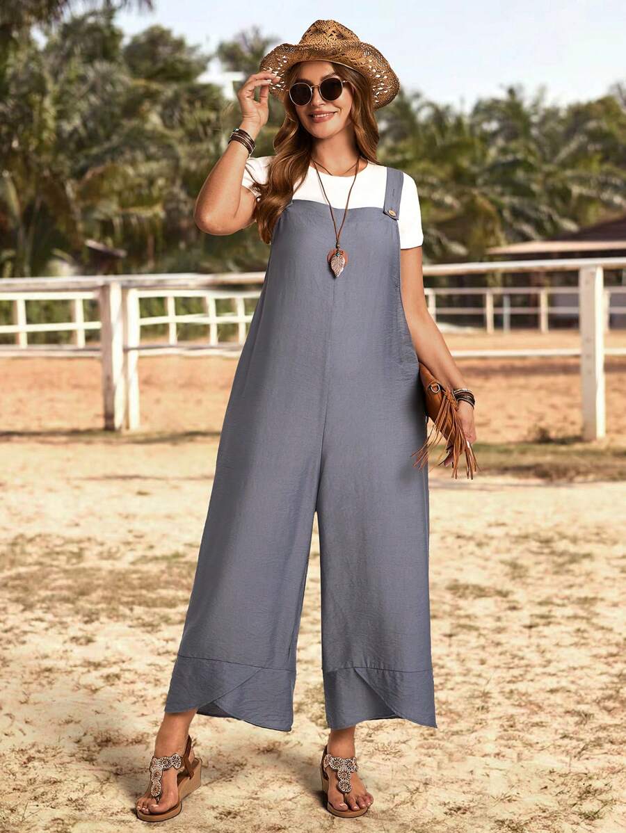 EMERY ROSE Plus Size Women's Minimalist Jumpsuit, Suitable For Summer - Dusty Blue - View 1