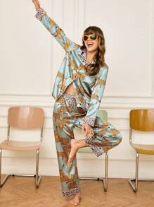 Chillnights Set de 2 piezas de pijama con bloqueo de color estampado de leopardo para mujer, temporada de vacaciones