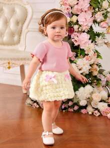 2 件装女宝宝韩版夏季休闲粉色罗纹上衣和米色泡泡裙套装 - 彩色 - 查看 1