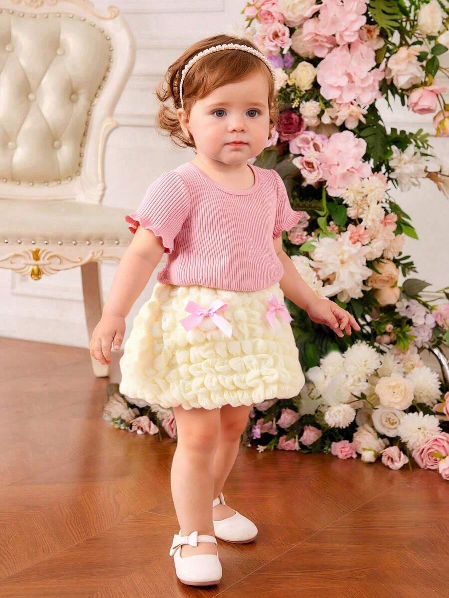 2 件装女宝宝韩版夏季休闲粉色罗纹上衣和米色泡泡裙套装 - 彩色 - 查看 1