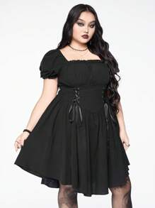 ROMWE Goth Plus Size Square Neck Puff Sleeve Swing A-Line Drawstring Waist Dress - Black - View 4