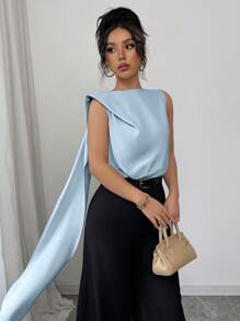 Elenzga Blusa de satén elegante y fluida con nudo, adecuada para vacaciones y uso durante el Ramadán