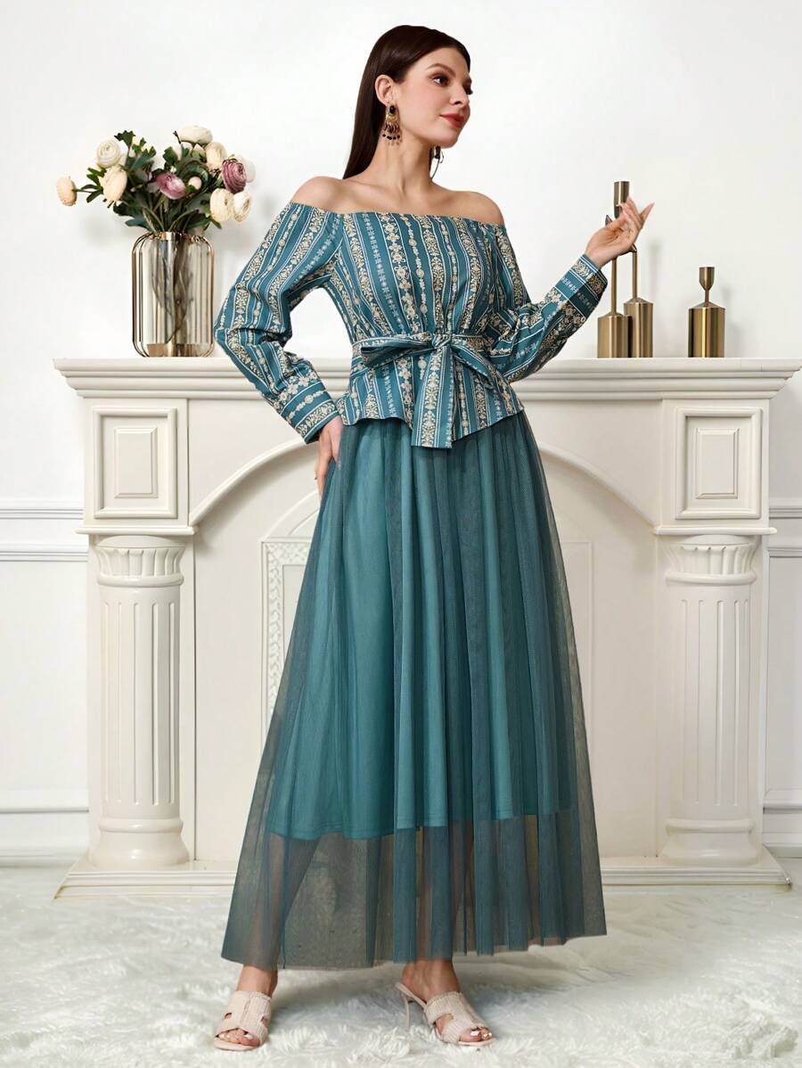 Al Najma Women's Floral Print Off Shoulder Long Sleeve Contrast Mesh Hem Arabic Style Dress - Teal Blue - View 1
