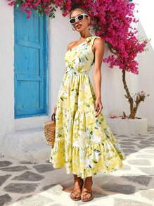 SHEIN VCAY Vestido largo de mujer con cuello de hombro, lazo y estampado romántico para vacaciones de verano, ideal para fiestas, bodas, festivales de música, citas, fiesta con amigos o para la oficina