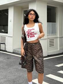 SHEIN Set da 2 pezzi: Maglietta a girocollo con stampa a rete e dettagli con arricciatura e pantaloni cargo con stampa leopardata sulla tasca, stile casual sportivo per ragazze adolescenti per il ritorno a scuola