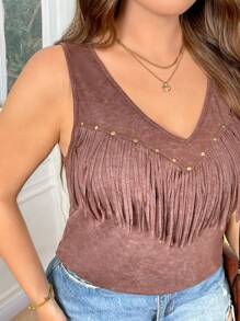 SHEIN LUNE 大码音乐节流苏和铆钉装饰背心 老钱风格女士早午餐女士机场女牛仔女士夏季毕业春季女士夏季毕业复活节女士春季夏季假期 - 卡其色 - 查看 1