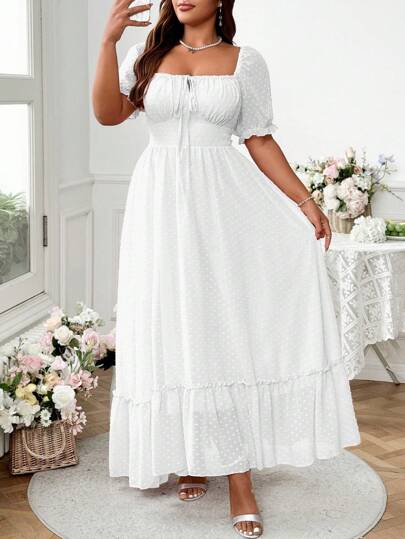 Vionelle Plus Size Sweet Romantic Pink Square Neck Bowknot Ruffle Hem Long Dress Easter Wear