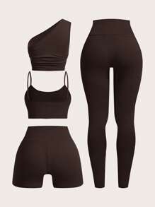SHEIN EZwear Brown Vest & Shorts & Slim Fit Pants Multi-Piece Outdoor Set - Brown - View 2
