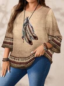 EMERY ROSE Plus Size Women Floral & Feather Retro Print Loose Casual Full-Coverage Retro Print Round Neck 3/4 Sleeve Blouse, Spring/Summer Autumn,Vacation - Khaki - View 3