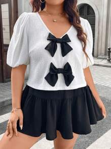 SHEIN LUNE Plus Size Women 2 Pieces Set: Bow Decor Blouse And Black Pants, Perfect For Valentine's Day, Love/Lover Spring Break Boho Rave Outfits Festival Spring Break Outfits Old Money Style Women Rave Outfits Brunch Outfits For Women Fairycore - Black and White - View 3