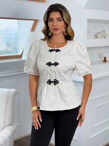 Flirla 大码短袖纯色圆领休闲衬衫，适合夏季