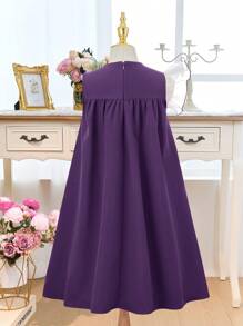 SHEIN 青少年女孩优雅拼色蝴蝶结装饰A字紫色连衣裙，圆领盖袖