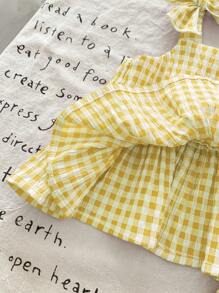 SHEIN LMoss Kids Bộ đồ yếm kẻ sọc dễ thương cho bé gái và quần cạp chun, mùa hè - Màu vàng - Xem 5