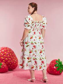 Strawberry Shortcake X SHEIN Plus Size Floral Dot Strawberry Print Ruffled Square Neck Short Sleeve Sundress, Cute Y2K Style For Summer, Spring, Vacation, Rave, Festival, Retro, Lolita - White - View 2